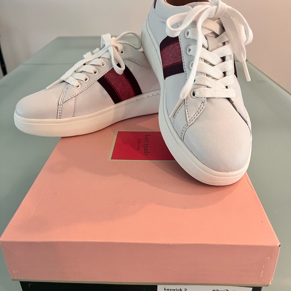 kate spade Shoes - kate spade White Sneakers with Burgundy Stripe Detail